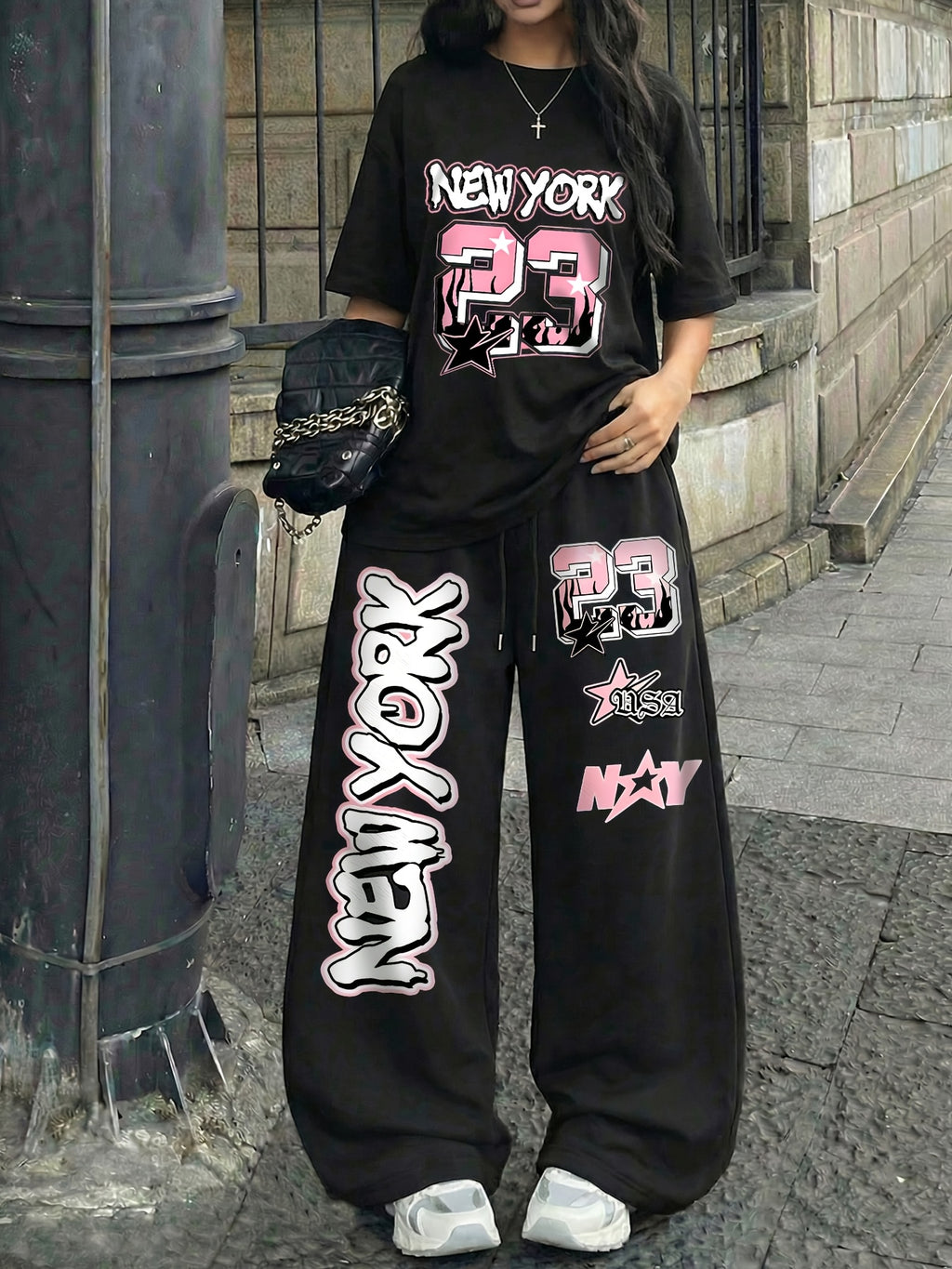 NEW YORK" and Number 23 Print Casual Streetwear Crew Neck Short Sleeve Top and Loose Drawstring Long Pants 2pcs Set, Women's Jersey Sporty Style Outfit, Suitable for Summer Street Style Hot - Black