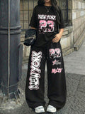 NEW YORK" and Number 23 Print Casual Streetwear Crew Neck Short Sleeve Top and Loose Drawstring Long Pants 2pcs Set, Women's Jersey Sporty Style Outfit, Suitable for Summer Street Style Hot - Black