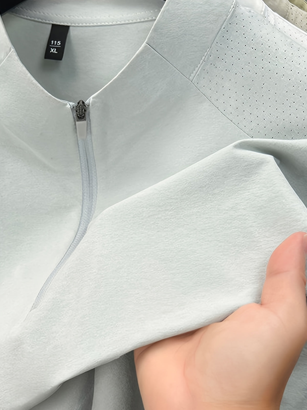 Men'S Summer Top T-Shirt, Half-Zipper Stand-Up Collar Design, Casual And Light Business Style, Adjustable Collar with Zipper, Balancing Ventilation And Styling; Mesh Shoulder Panel for Enhanced Breathability - Glacier