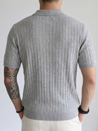 Short-Sleeved Knitted Shirt 2026 Spring/Summer New Product Cable Knit Lapel Slimming Pullover Top, Vertical Stripe Heavy-Duty Twist Slimming Pattern, Light Luxury Business High-Quality Style, Fashionable, Easy And Handsome, Precise Workmanship - Light Grey
