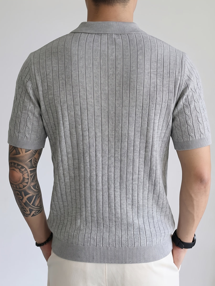 Short-Sleeved Knitted Shirt 2026 Spring/Summer New Product Cable Knit Lapel Slimming Pullover Top, Vertical Stripe Heavy-Duty Twist Slimming Pattern, Light Luxury Business High-Quality Style, Fashionable, Easy And Handsome, Precise Workmanship - Light Grey