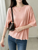 Women's French Ruffle Top - Spring Summer Stretchy High-Elasticity Ruffle Trim Shirt, Solid Color Non-Sheer Machine Washable Suitable for Daily Commute, Office & Casual Wear, French Style Wardrobe Essential - Peach