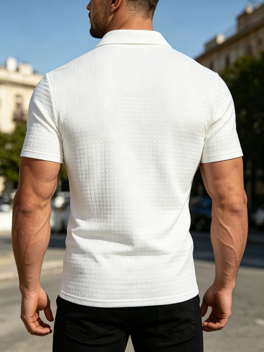 Men'S Waffle Polo Shirt, Zipper Collar Design Short Sleeve T-Shirt, Summer Casual Daily Commute Versatile Top - White