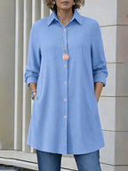 Women's Fashion Casual Shirt, Loose Fit Commuter Long Sleeve Top - Blue