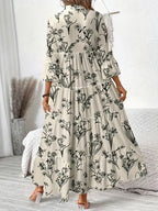 Directional Floral Print V-Neck Pleated Long-Sleeve Dress - Khaki