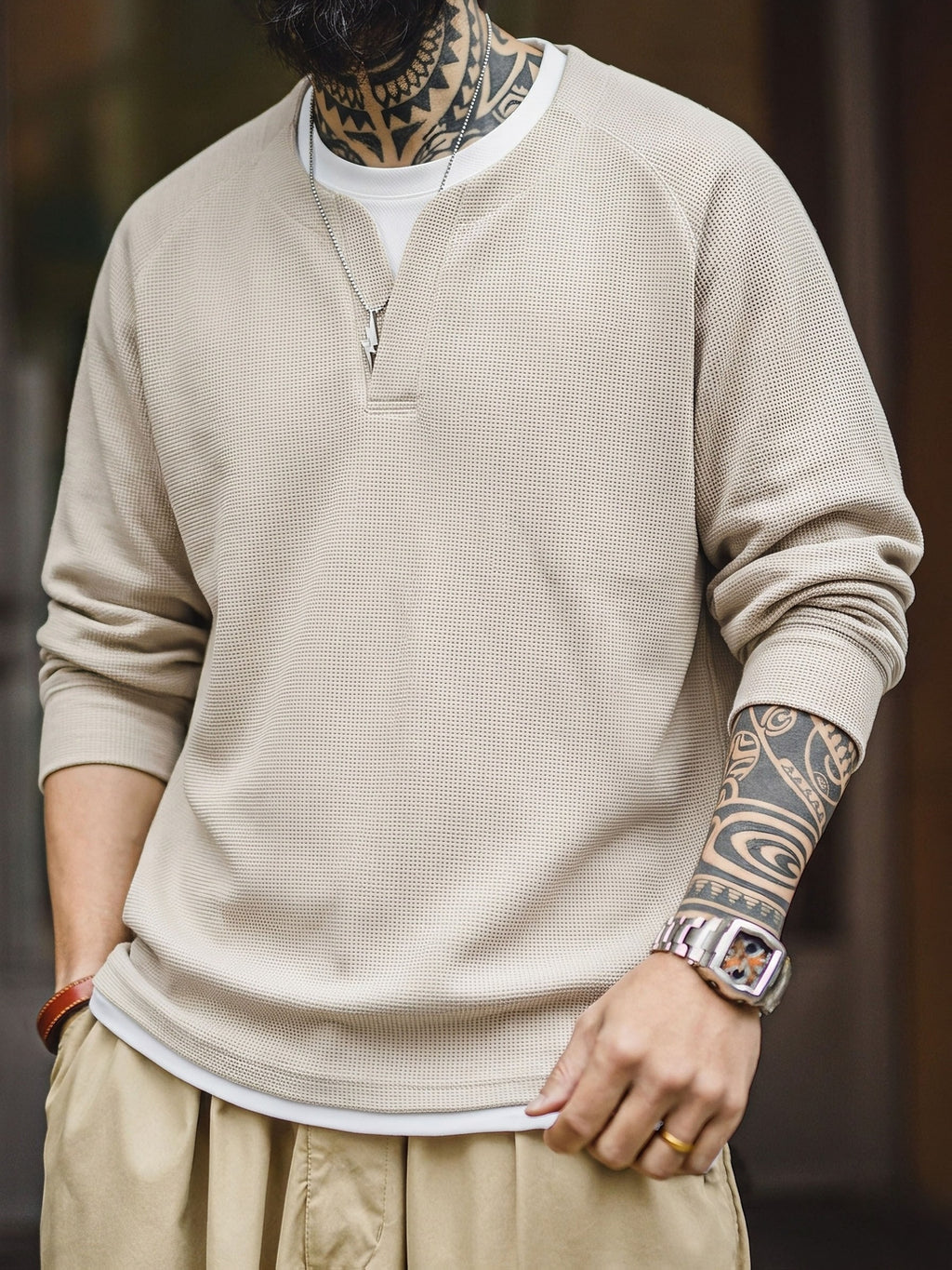 Men'S Long Sleeve Sweatshirt, Loose Fit, Waffle Fake Two-Piece Top, Spring/Autumn Casual Commute Wear, Men'S Casual Top, Men'S Gift, Spring/Autumn/Winter Holiday Wear, Ideal Gift Choice - Apricot