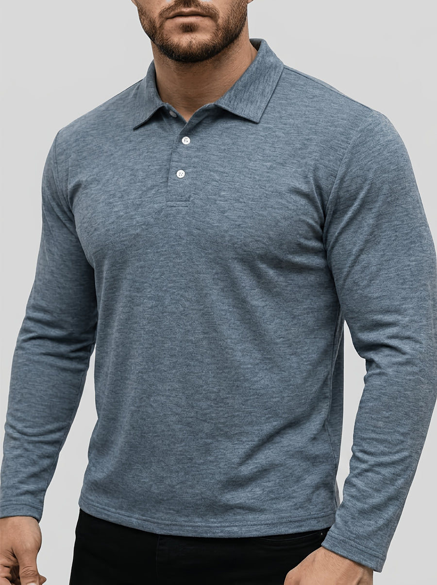 Spring/Autumn Men's Long-Sleeve T-Shirt, Men's Business Shirt, Open-Collar Lapel Color-Block Men's T-Shirt, Casual Party Wear, Suitable for Various Styling Combinations, Travel, Golf, Daily Wear, Suburban Outings, Family Trips, Parent-Teacher - Gray Blue
