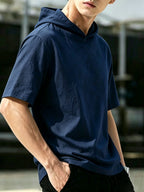 Summer Solid Color Hooded Short Sleeve T-Shirt, Men'S Loose All-Match Athletic Top - Navy Color