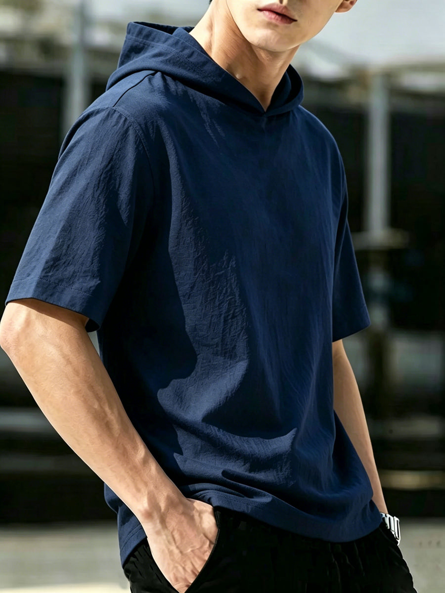 Summer Solid Color Hooded Short Sleeve T-Shirt, Men'S Loose All-Match Athletic Top - Navy Color