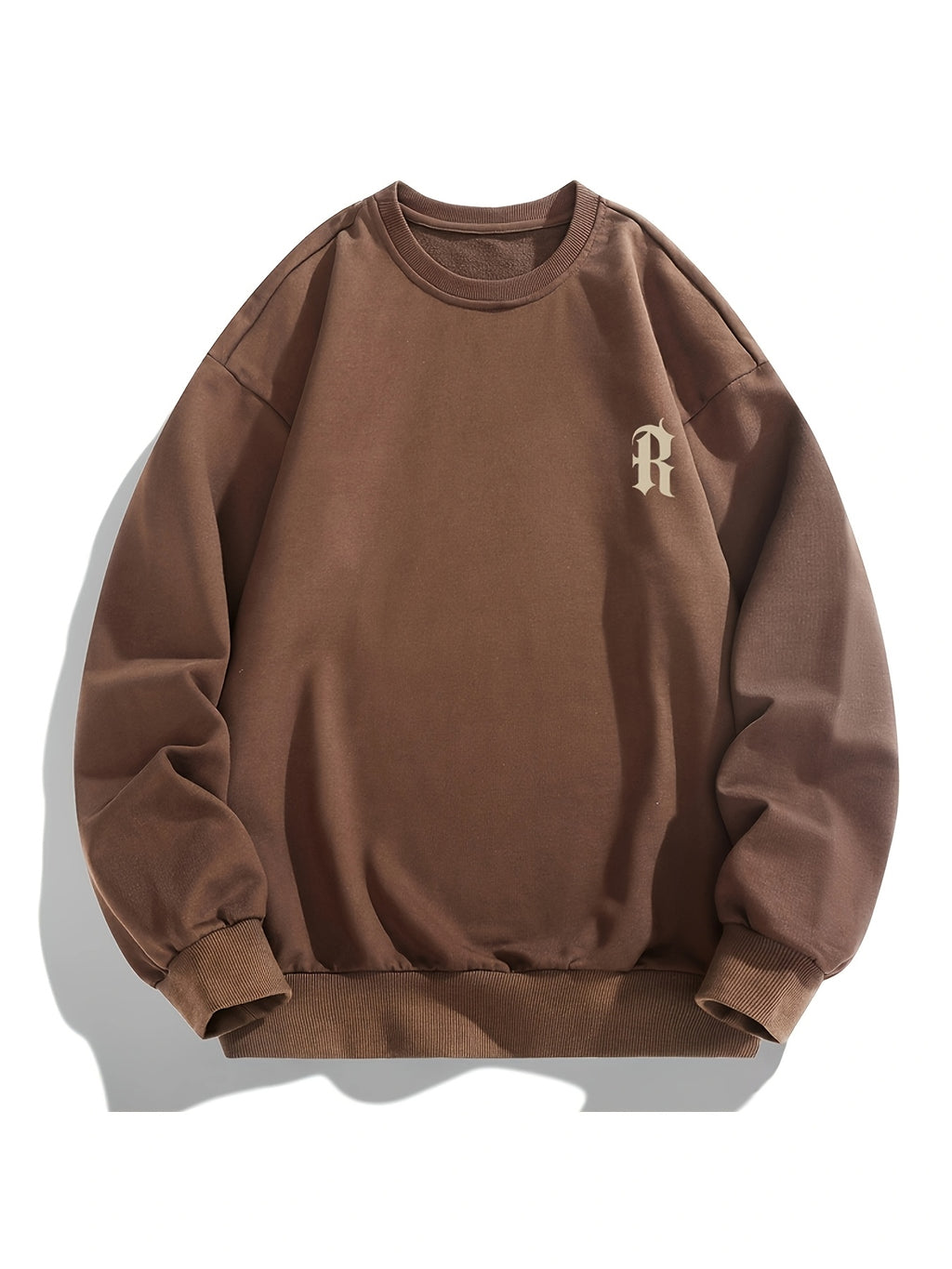 Men'S Crew Neck Sweatshirt, Spring And Autumn Chest Logo Print Pullover Top, Youth Loose Casual Versatile Long Sleeve Base Shirt - Dark Brown
