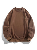Men'S Crew Neck Sweatshirt, Spring And Autumn Chest Logo Print Pullover Top, Youth Loose Casual Versatile Long Sleeve Base Shirt - Dark Brown
