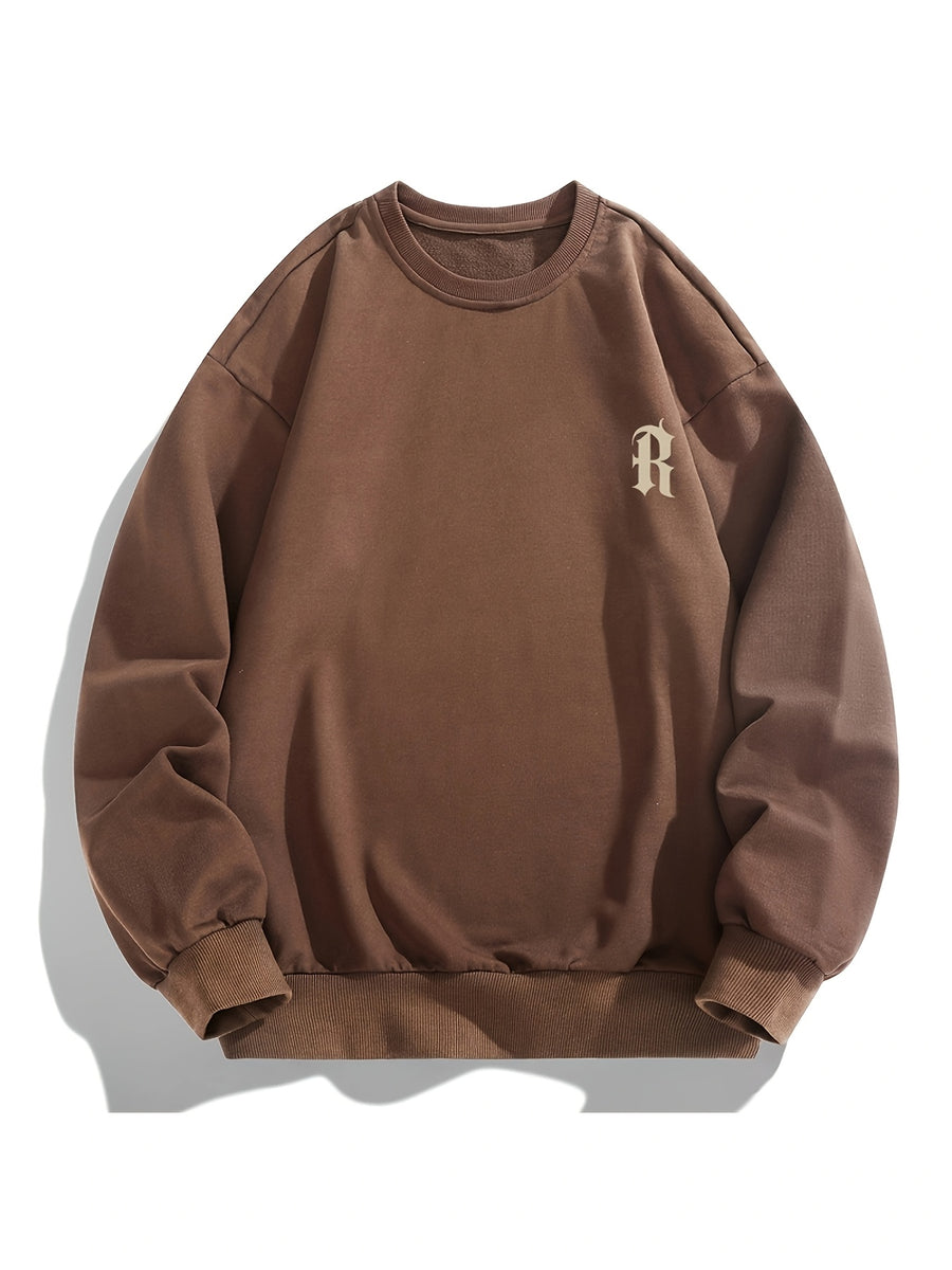 Men'S Crew Neck Sweatshirt, Spring And Autumn Chest Logo Print Pullover Top, Youth Loose Casual Versatile Long Sleeve Base Shirt - Dark Brown