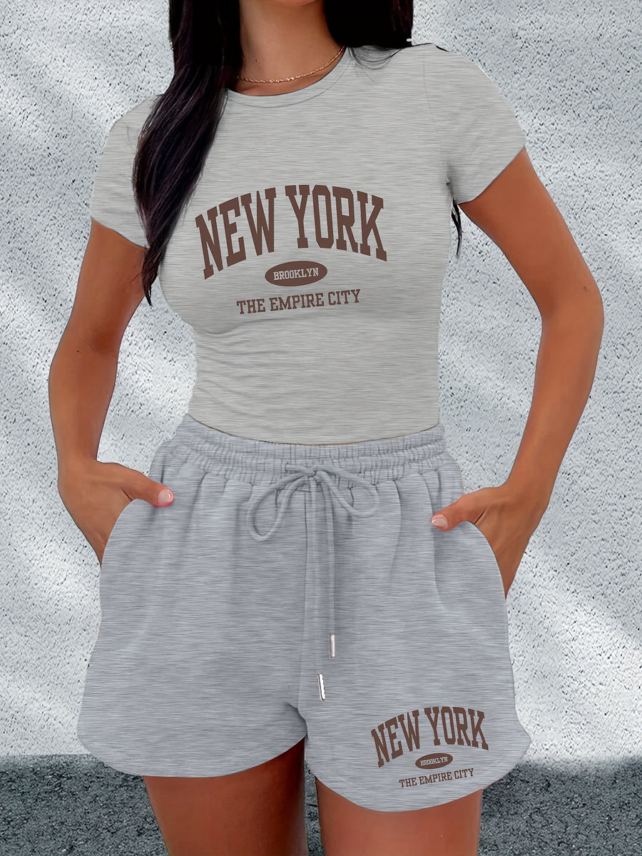 Summer Fashion Sticker Short Sleeve T-shirt and Shorts Two-piece Casual Sports Suit X4071 - Light Grey