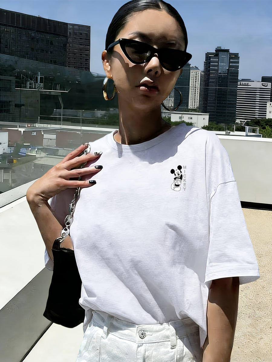 Hot Spring Summer Women'S Casual T-Shirt, Women'S Fashion Clothing, Authorized, Mickey Classic Black And White Image Joyful Pose Side Smile Print, Women'S Fashion Versatile Short Sleeve, Women'S Short Sleeve Top, Daily Outing, Fashion Versatile - White