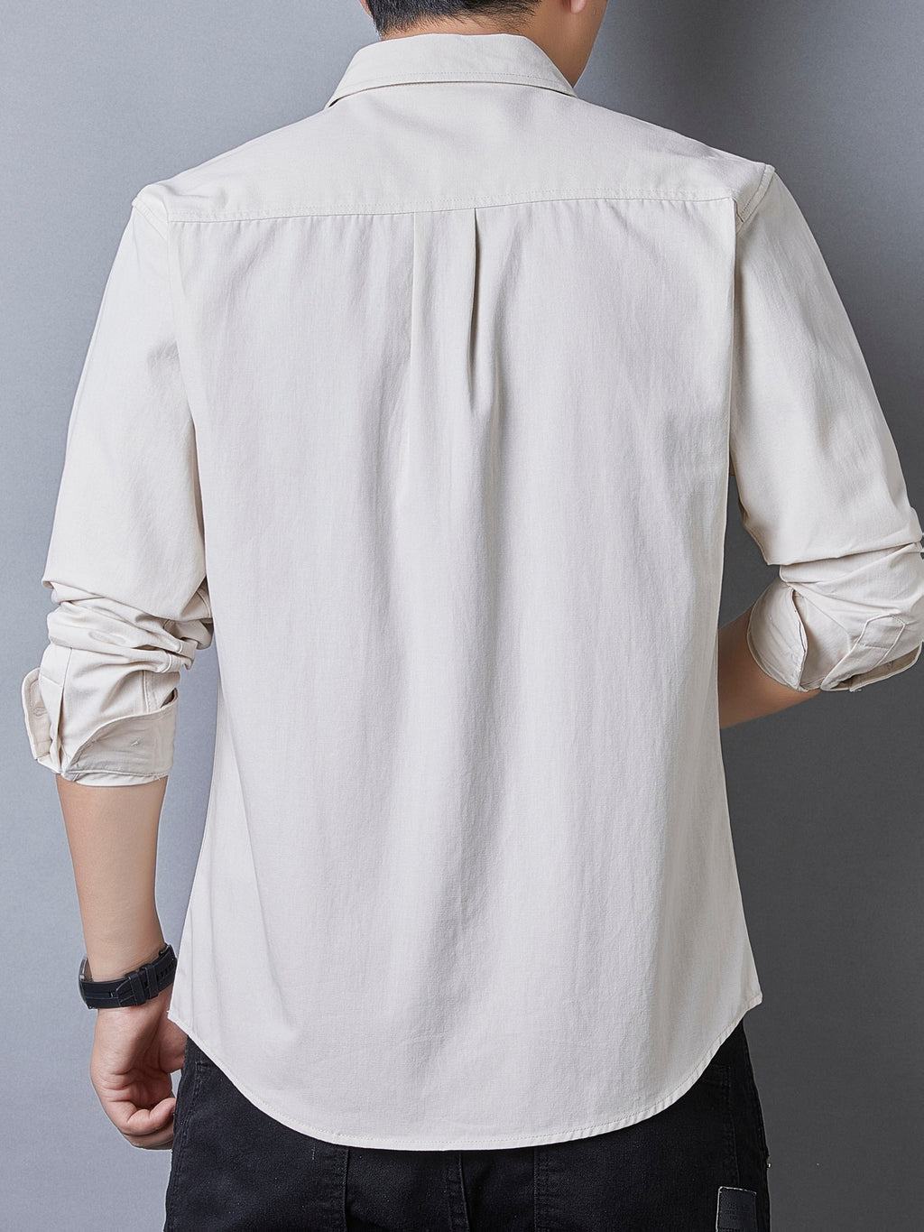 Men's Casual Pure Cotton Long-Sleeve Shirt for Spring and Autumn, Solid Color Simple Lapel Single-Pocket Shirt for Daily Commuting, Work, and Dating, Men's Top - Apricot