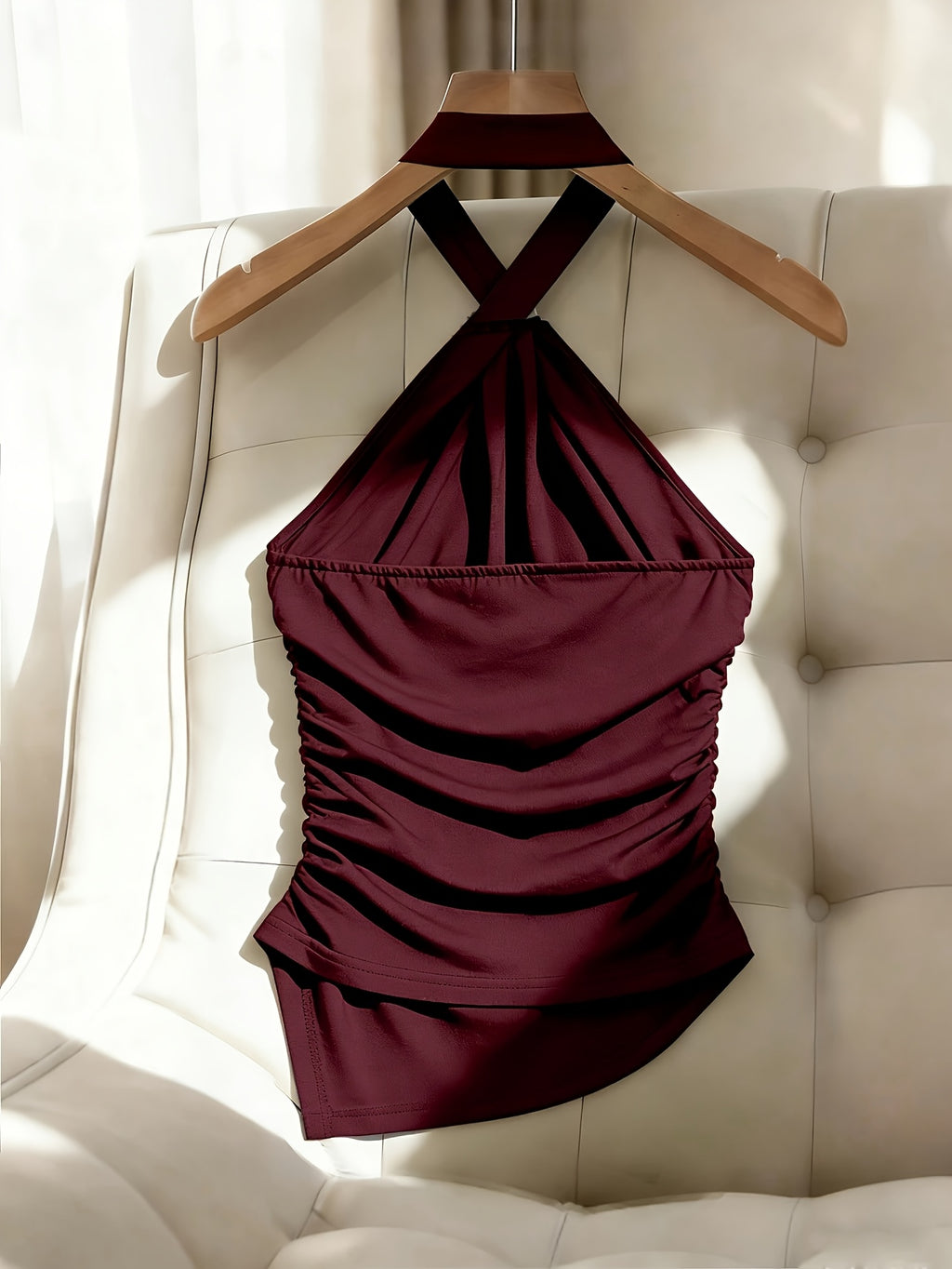 Women'S Solid Color Halter Slim Off-Shoulder Elegant Asymmetrical Hem Top, Side Waist Cinched Ruched Blouse, Metal Decor Button Design, Suitable for Dates, Gatherings, Commuting, Casual Fashion Versatile Premium Style - All-Season - Burgundy