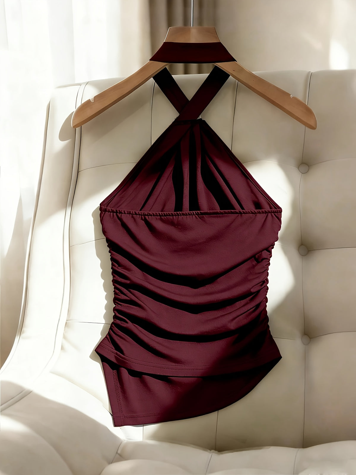 Women'S Solid Color Halter Slim Off-Shoulder Elegant Asymmetrical Hem Top, Side Waist Cinched Ruched Blouse, Metal Decor Button Design, Suitable for Dates, Gatherings, Commuting, Casual Fashion Versatile Premium Style - All-Season - Burgundy