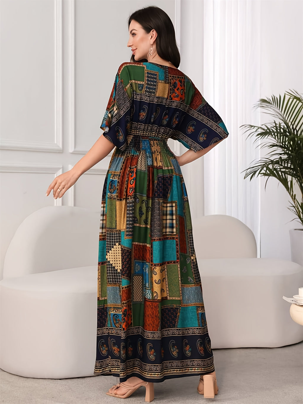 Paisley Print V-Neck Short Sleeve Waist-Cinching Ruched Tie Long Elegant Women's Dress - Multicolor