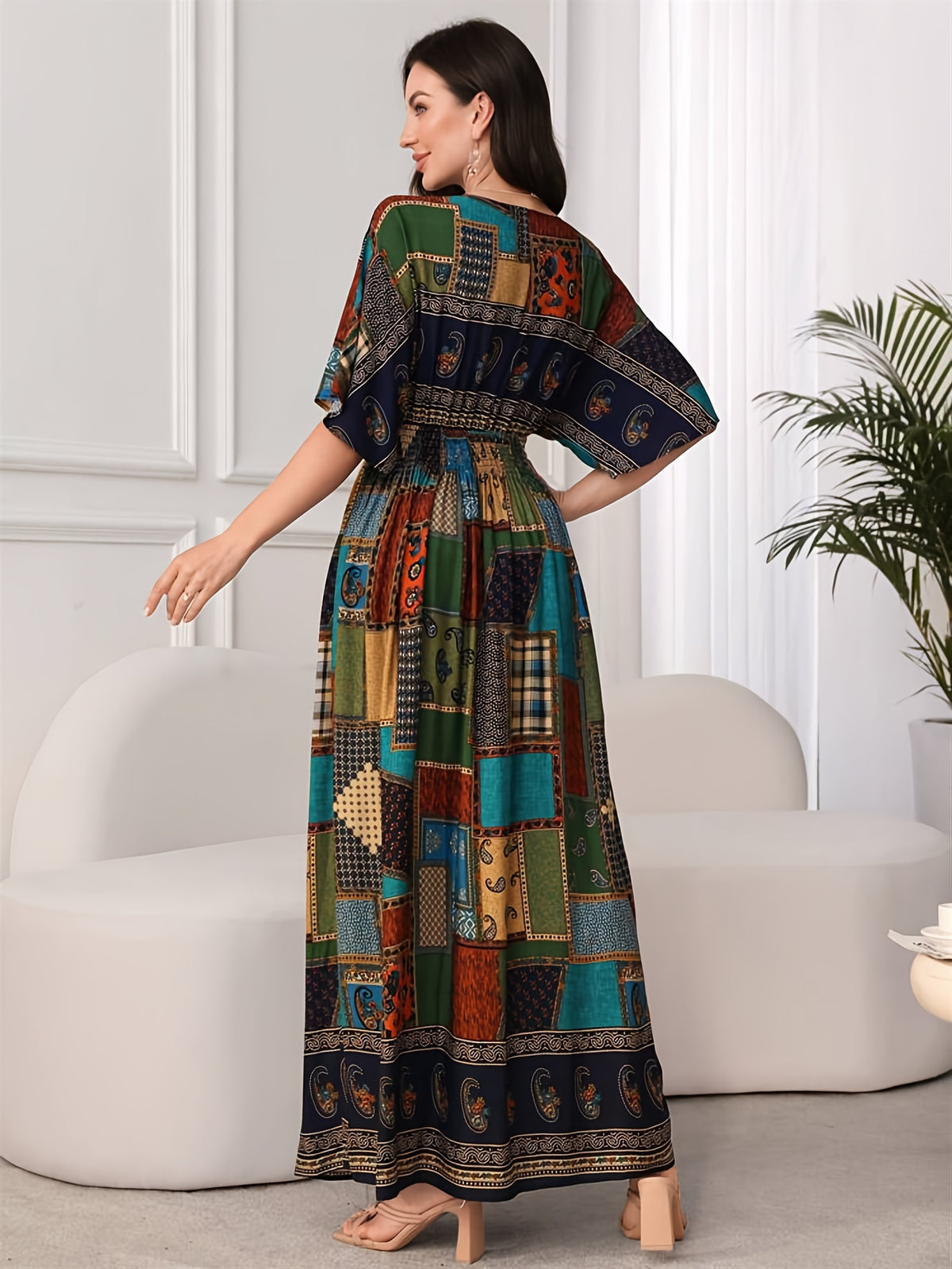 Paisley Print V-Neck Short Sleeve Waist-Cinching Ruched Tie Long Elegant Women's Dress - Multicolor