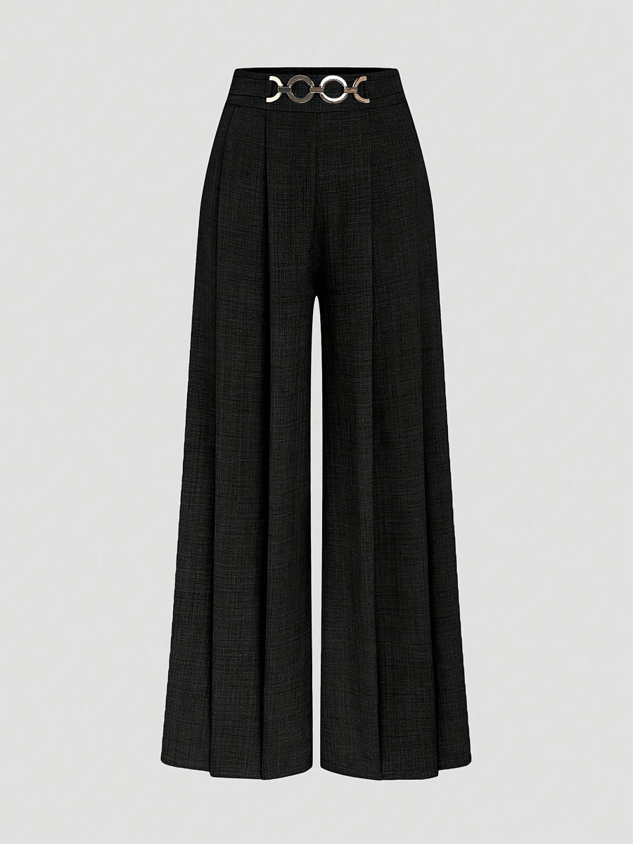 New Women'S High-Waist Metallic Button-Design Wide-Leg Pants, Elegant Casual Daily Wear - Black