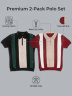 Old Money Style Men's Half-Zip Contrast Color Vertical Stripe Knit Polo 2pcs Set, Ice Silky Fiber Fabric, Breathable Business Casual Short-Sleeve Suit Sweater - 2PACK-BR