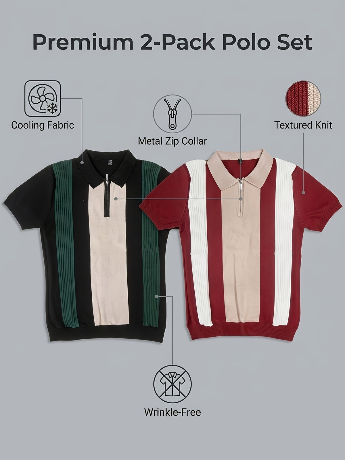 Old Money Style Men's Half-Zip Contrast Color Vertical Stripe Knit Polo 2pcs Set, Ice Silky Fiber Fabric, Breathable Business Casual Short-Sleeve Suit Sweater - 2PACK-BR