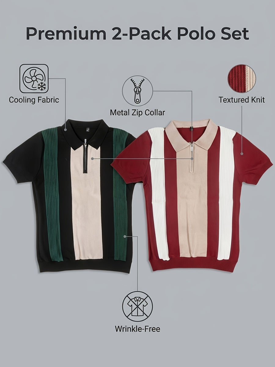 Old Money Style Men's Half-Zip Contrast Color Vertical Stripe Knit Polo 2pcs Set, Ice Silky Fiber Fabric, Breathable Business Casual Short-Sleeve Suit Sweater - 2PACK-BR