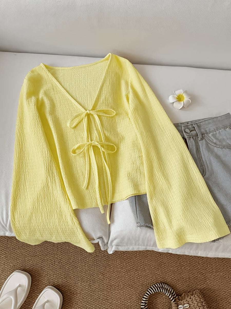 Solid Color Front-Tie Bow Open-Front Fashion Flared Sleeve Blouse New Women'S Short Top - Lemon Yellow