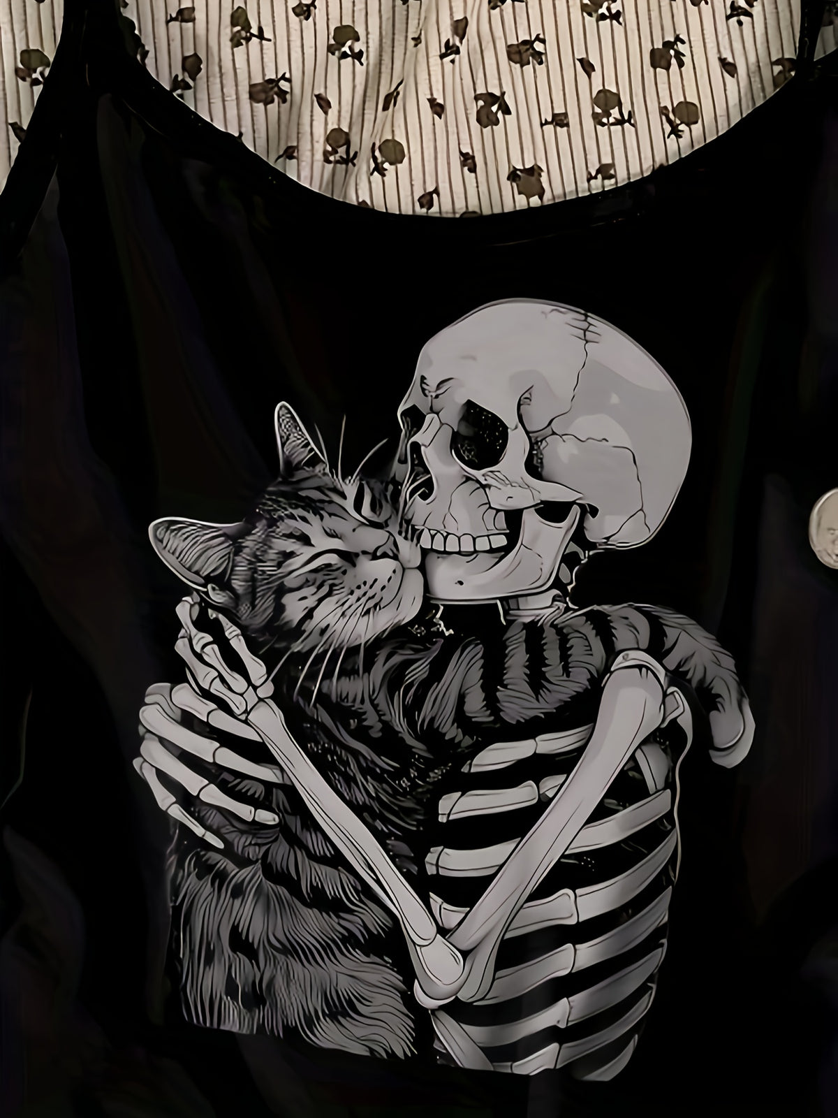 Casual and Simple Spaghetti Strap Tank Top with Skull, Cat, and Music Festival Prints, Perfect for Summer Vacations - Dark Gray