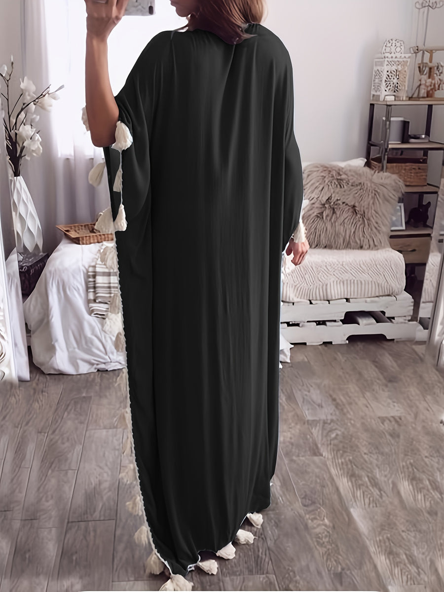 Women'S Middle Eastern Robe, V-Neck Cover-Up Tassel Patchwork Dress - Black