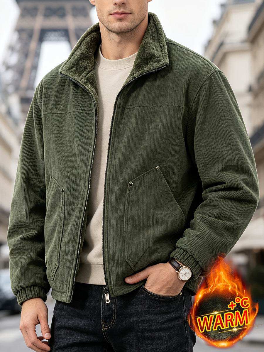 2026 New Men's Corduroy -Lined Warm Jacket, Faux Fur Design, Zipper Front, Decorative Pockets, Casual Vintage Style, Loose Autumn/Winter Outerwear, Daily Street Commuter Wear - Olive Green
