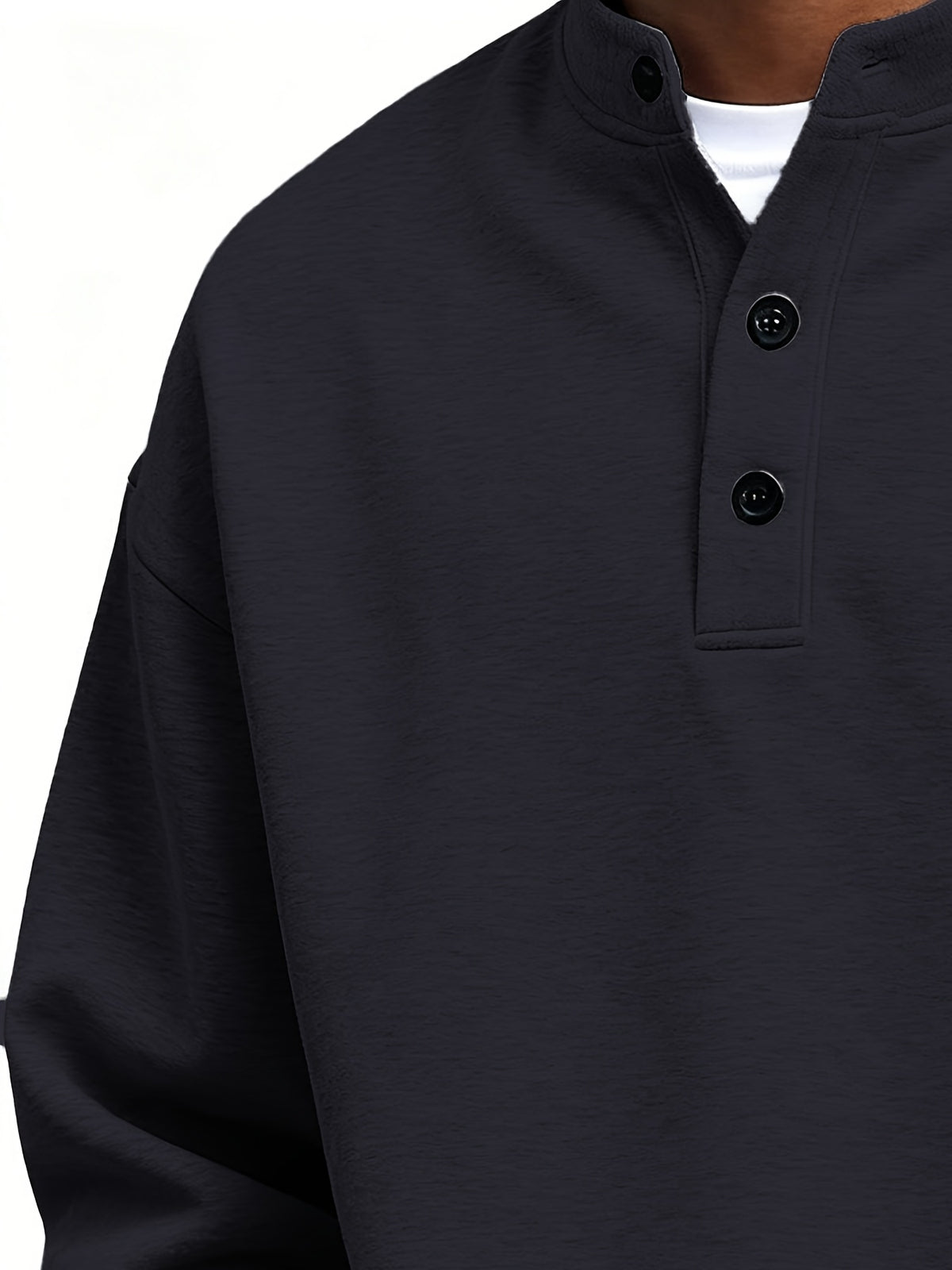 Men'S Spring Autumn Stand-Collar Pullover Sweatshirt, Button-Front Design Loose Long Sleeve Top, Solid Color Casual Wear Suitable for Daily Outings - Black