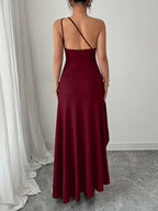 Elegant Fashion New Solid Color Off-Shoulder Sleeveless Waist-Cinching Sexy Slit Hip-Revealing Backless Evening Party Long Dress ZLLZ - Burgundy