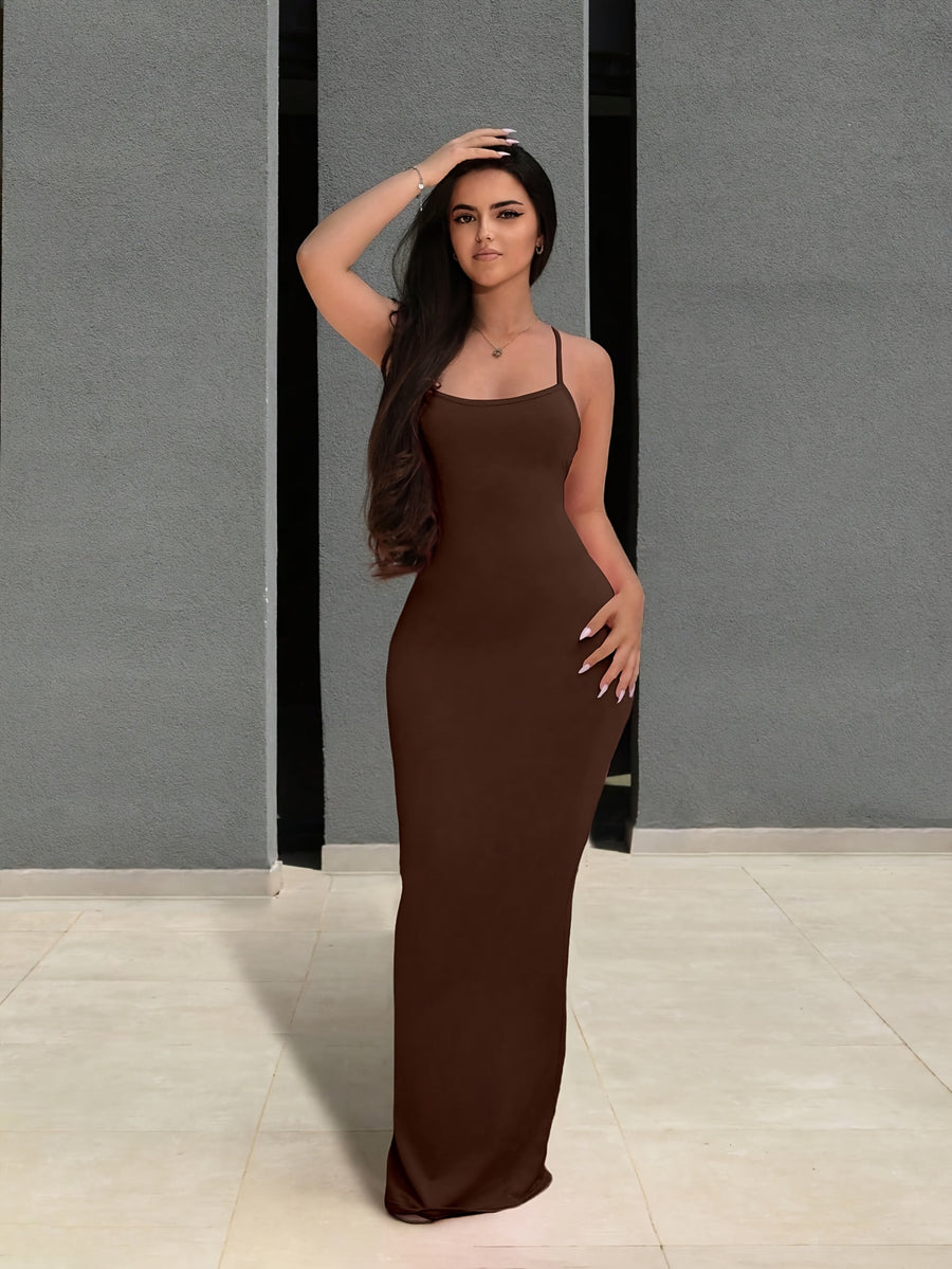 Women'S Solid Color Thin Strap Backless Sleeveless Coffee-Colored Dress - Coffee Brown
