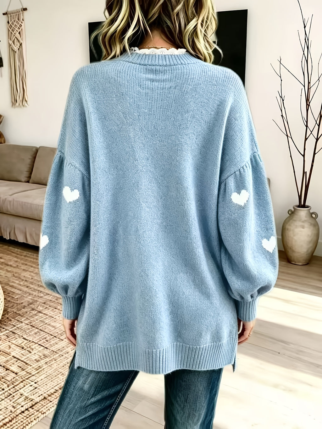 Plus Size - Women'S Elegant Lace Patchwork Sweater, Cute Heart Embroidery Women'S Sweater, Suitable for Autumn And Winter, Loose Fit Long Sweater, Suitable for Commute And Date Outfits - Light Blue
