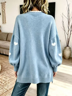 Plus Size - Women'S Elegant Lace Patchwork Sweater, Cute Heart Embroidery Women'S Sweater, Suitable for Autumn And Winter, Loose Fit Long Sweater, Suitable for Commute And Date Outfits - Light Blue
