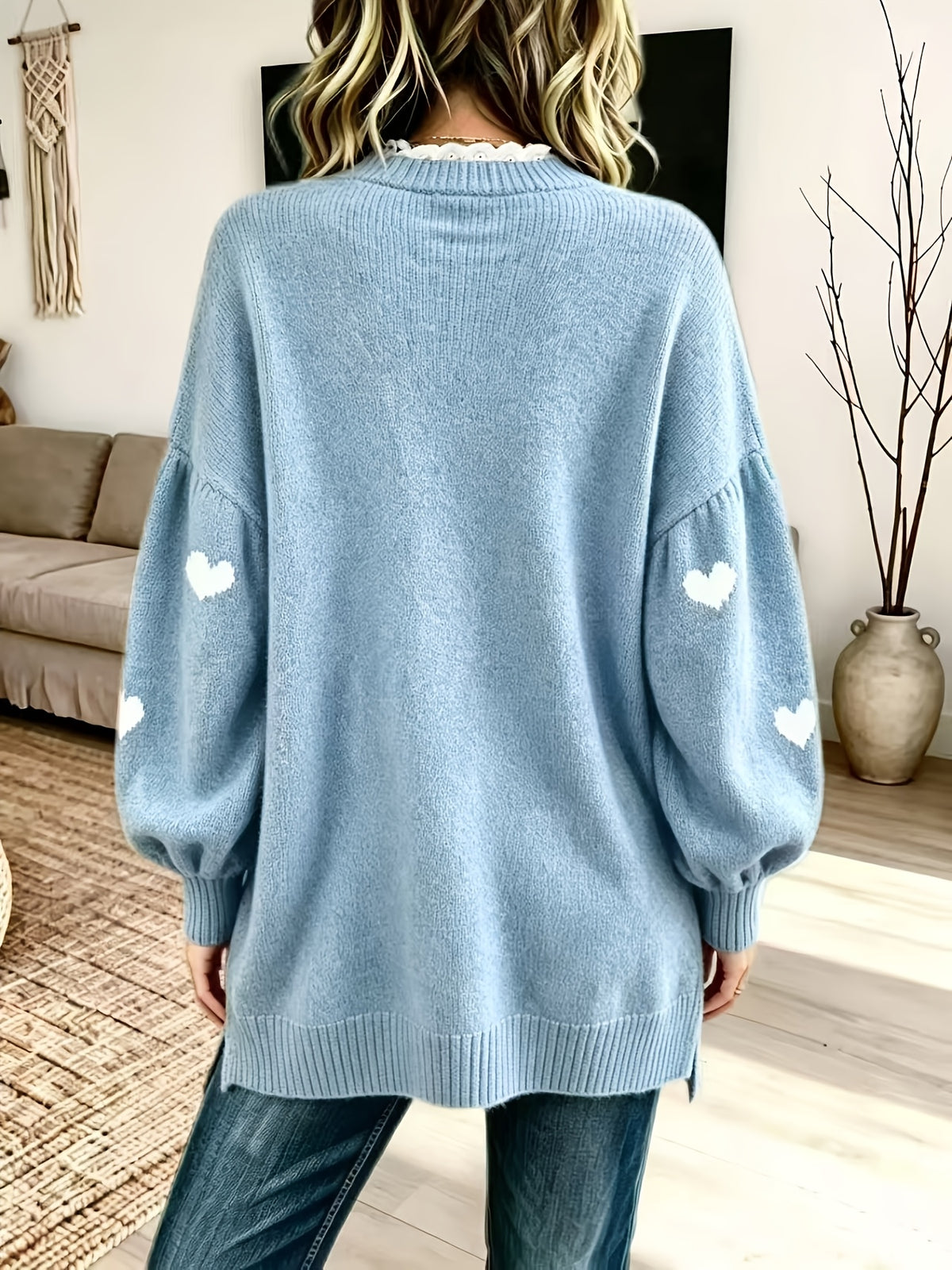 Plus Size - Women'S Elegant Lace Patchwork Sweater, Cute Heart Embroidery Women'S Sweater, Suitable for Autumn And Winter, Loose Fit Long Sweater, Suitable for Commute And Date Outfits - Light Blue