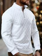Men'S Fashion Top, Autumn Winter Casual Textured Jacquard Fabric, Solid Color Round Neck Zipper Long Sleeve Patchwork Men'S Sweater, Knit - White