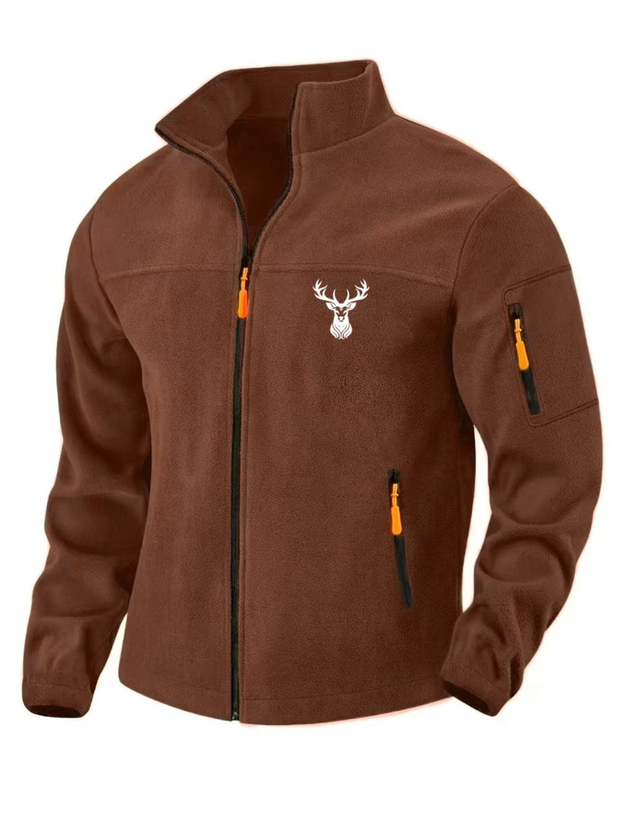 Men'S Autumn Winter Trendy Outdoor Fleece Jacket, Easy Deer Head Print Design, Multi-Zipper Storage Pockets, Suitable for Middle-Aged And Young Adults, Mountaineering Fishing Daily Commuting All-Match Cargo Jacket Top - Caramel Color 1