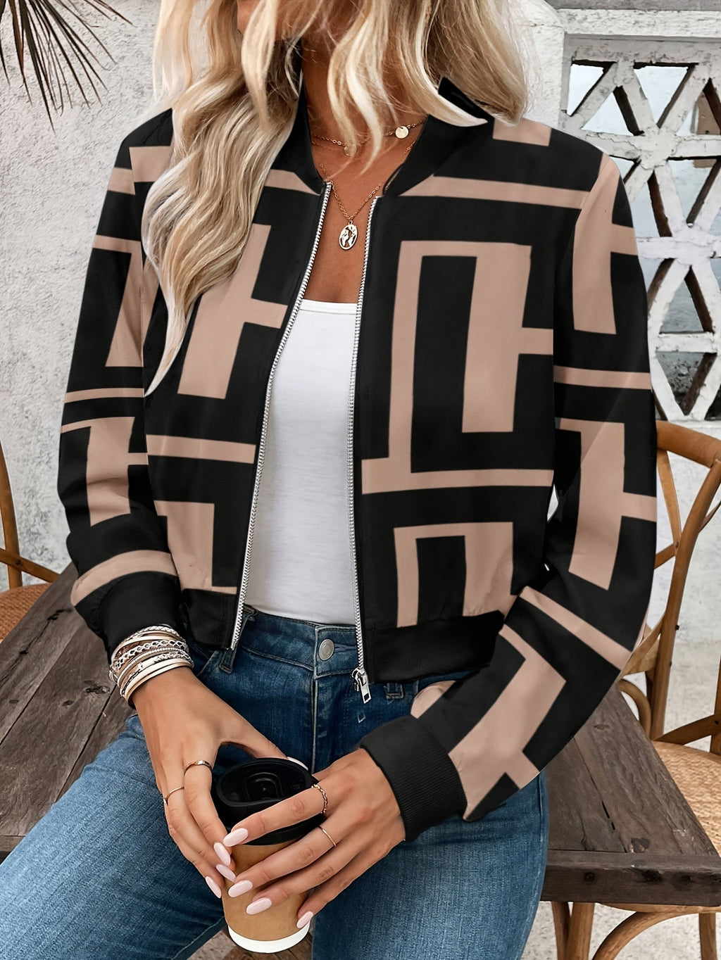 Women's Elegant Geometric Print Baseball Collar Jacket - Soft Warm Casual Outerwear for Fall Winter, Chic Versatile Style, Ladies Jackets for Winter, Seasonal Fashion, Modern Fashion, Quality Stitching, Fashionable Coat, Autumn Wardrobe - Khaki