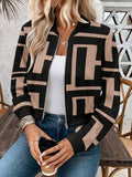 Women's Elegant Geometric Print Baseball Collar Jacket - Soft Warm Casual Outerwear for Fall Winter, Chic Versatile Style, Ladies Jackets for Winter, Seasonal Fashion, Modern Fashion, Quality Stitching, Fashionable Coat, Autumn Wardrobe - Khaki
