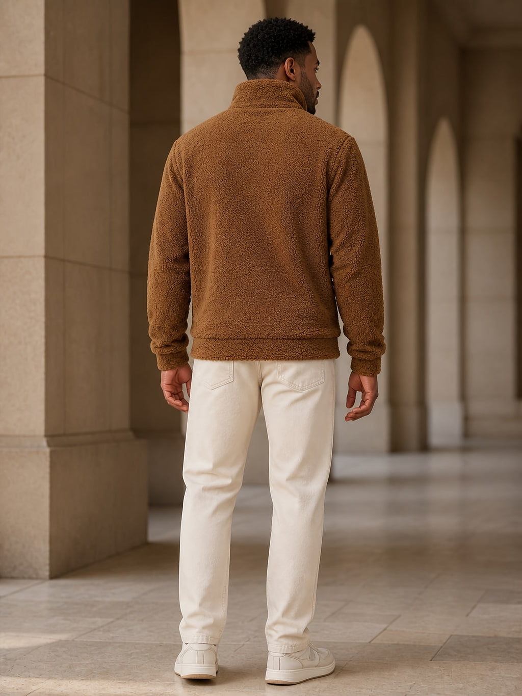 Men's Insulated Jacket, Solid Color Full-zip Stand-up Collar -lined Outerwear with Zippered Pockets, Contrast-color Trim, and Ribbed Cuffs and Hem; a Casual Jacket Suitable for Home, Daily, and Outdoor Wear, Appropriate for Spring - Camel