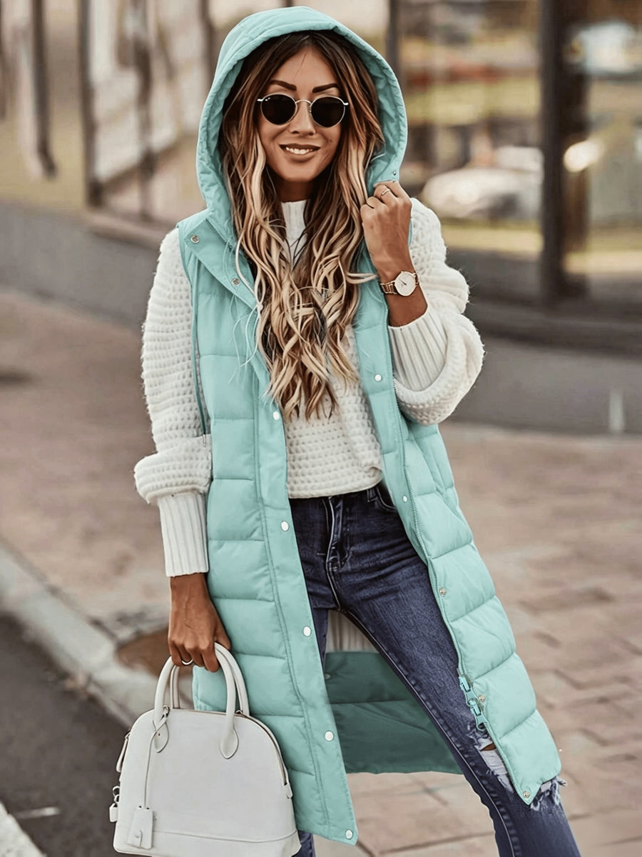Women'S Stand-Up Collar Hooded Mid-Length Warm Quilted Vest Jacket, Double-Ended Zipper Design, Outer Placket Button Structure, Sleeveless Slim Fit, Lightweight And Comfortable, with Practical Pockets - Peacock Blue