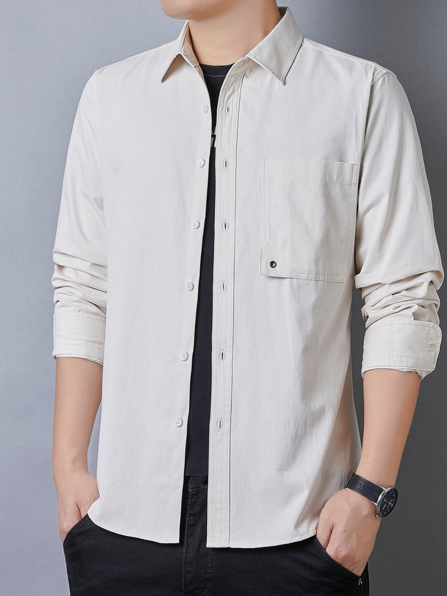 Men's Casual Pure Cotton Long-Sleeve Shirt for Spring and Autumn, Solid Color Simple Lapel Single-Pocket Shirt for Daily Commuting, Work, and Dating, Men's Top - Apricot