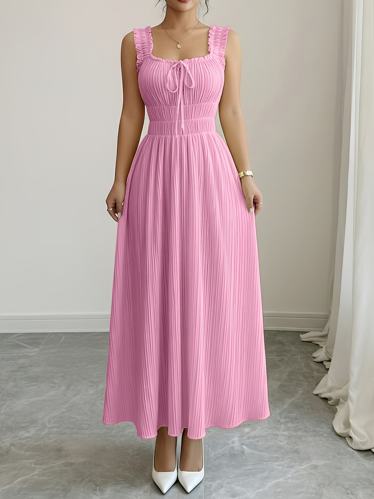 Women'S Spring Summer New Temperament Elegant Solid Texture Fabric Square Neck Tie-Belt A-Line Dress - Pink