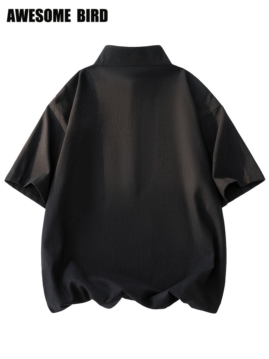 2026 Summer New Linen Short Sleeve Shirt Men'S Semi-High Neck Stand Collar Trendy Slight Loose Handsome Breathable Short Shirt - Black