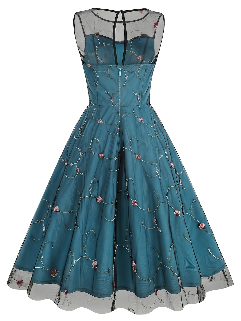 Women's Round Neck Sleeveless Mesh Embroidered Dress for Vacation, Elegant Gatherings, Parties, Floral Wedding Season, Back-to- Season, and Dates - Green