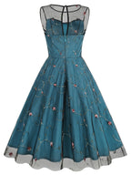 Women's Round Neck Sleeveless Mesh Embroidered Dress for Vacation, Elegant Gatherings, Parties, Floral Wedding Season, Back-to- Season, and Dates - Green