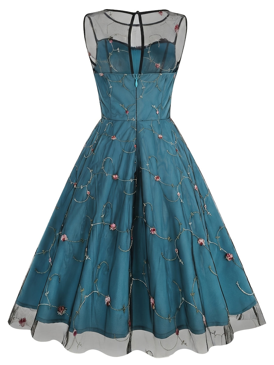 Women's Round Neck Sleeveless Mesh Embroidered Dress for Vacation, Elegant Gatherings, Parties, Floral Wedding Season, Back-to- Season, and Dates - Green