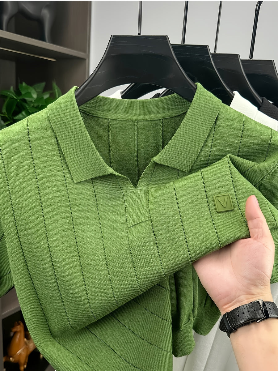Men'S Knit Polo Shirt Short Sleeve V-Neck Vertical Stripes, Business Casual Spring Summer Commute Top, 1pc Multi-Occasion Ready - Green